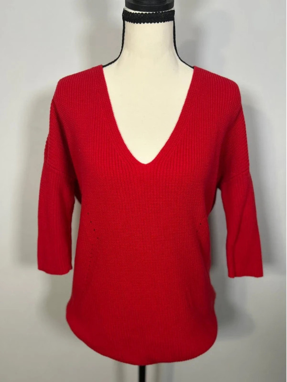 Express Red Ribbed Knit V-Neck Sweater Tunic Size S